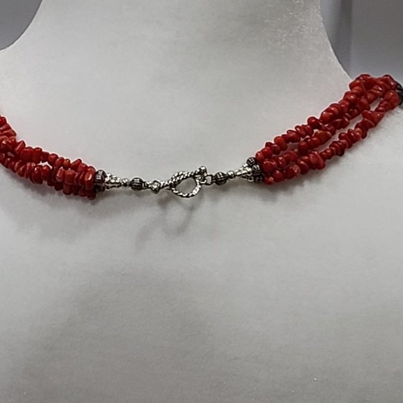 CAROLYN POLLACK Triple Strand Natural Red Coral Nugget .925 Native Pearl Beads - Picture 10 of 12
